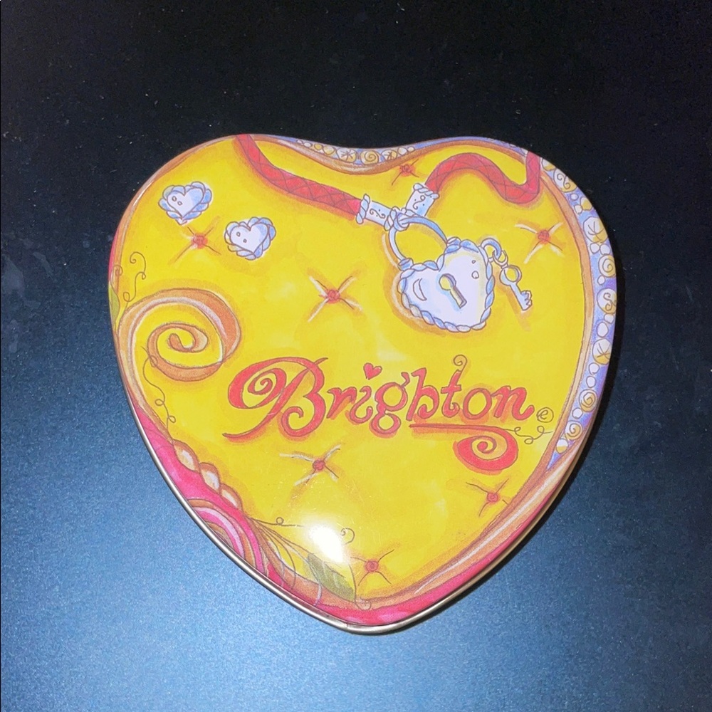 Retired Brighton Jewelry Empty Heart Shaped Multi Color Tin keepsake Yellow Pink